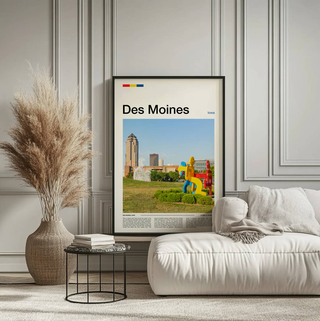 Des Moines Colourful Sculpture Travel Print framed on the wall of a calm, neutral bedroom