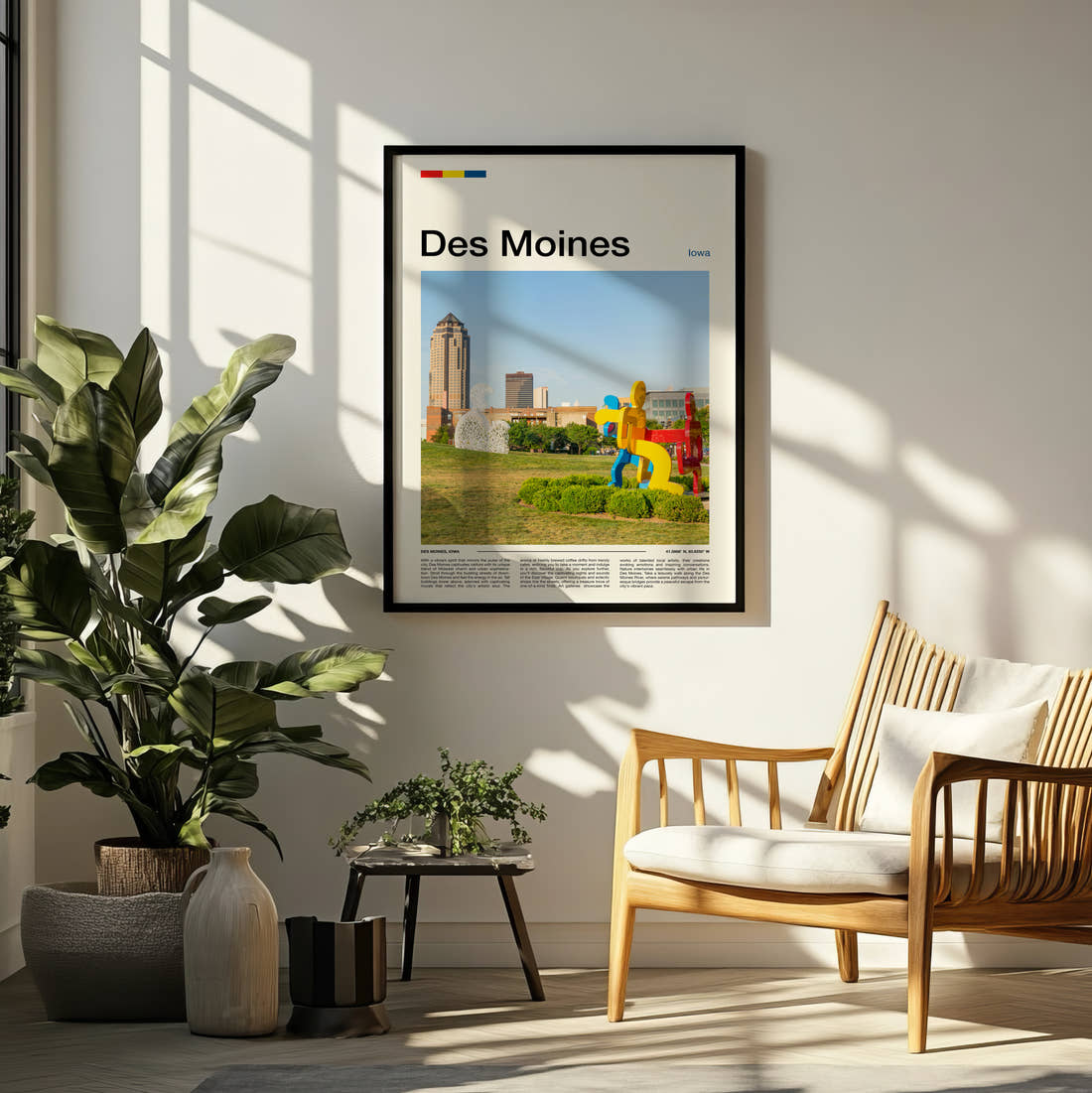 Des Moines Colourful Sculpture Travel Print framed on a pale wall beside houseplants