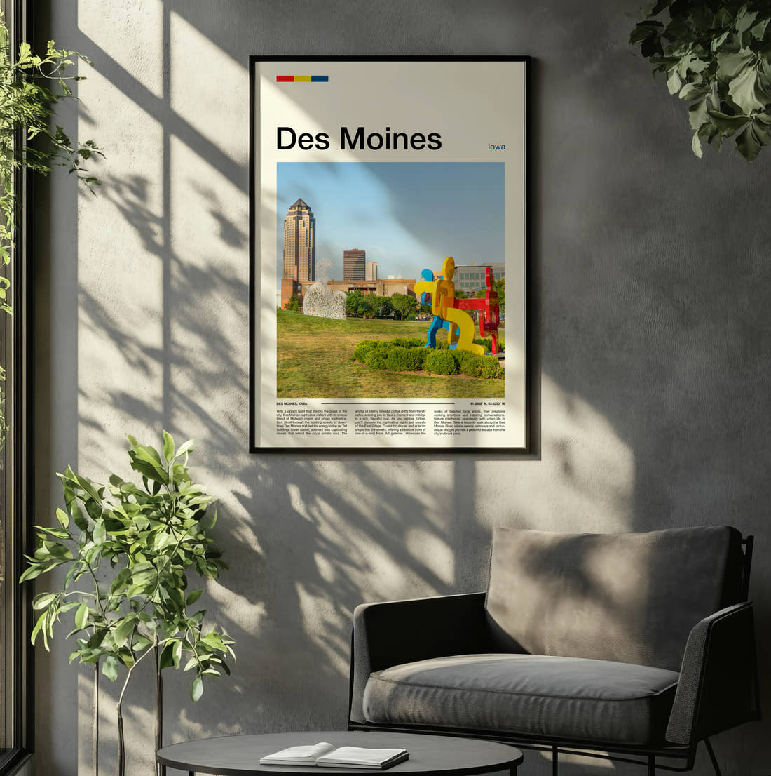 Des Moines Colourful Sculpture Travel Print framed on the wall of a relaxed living room