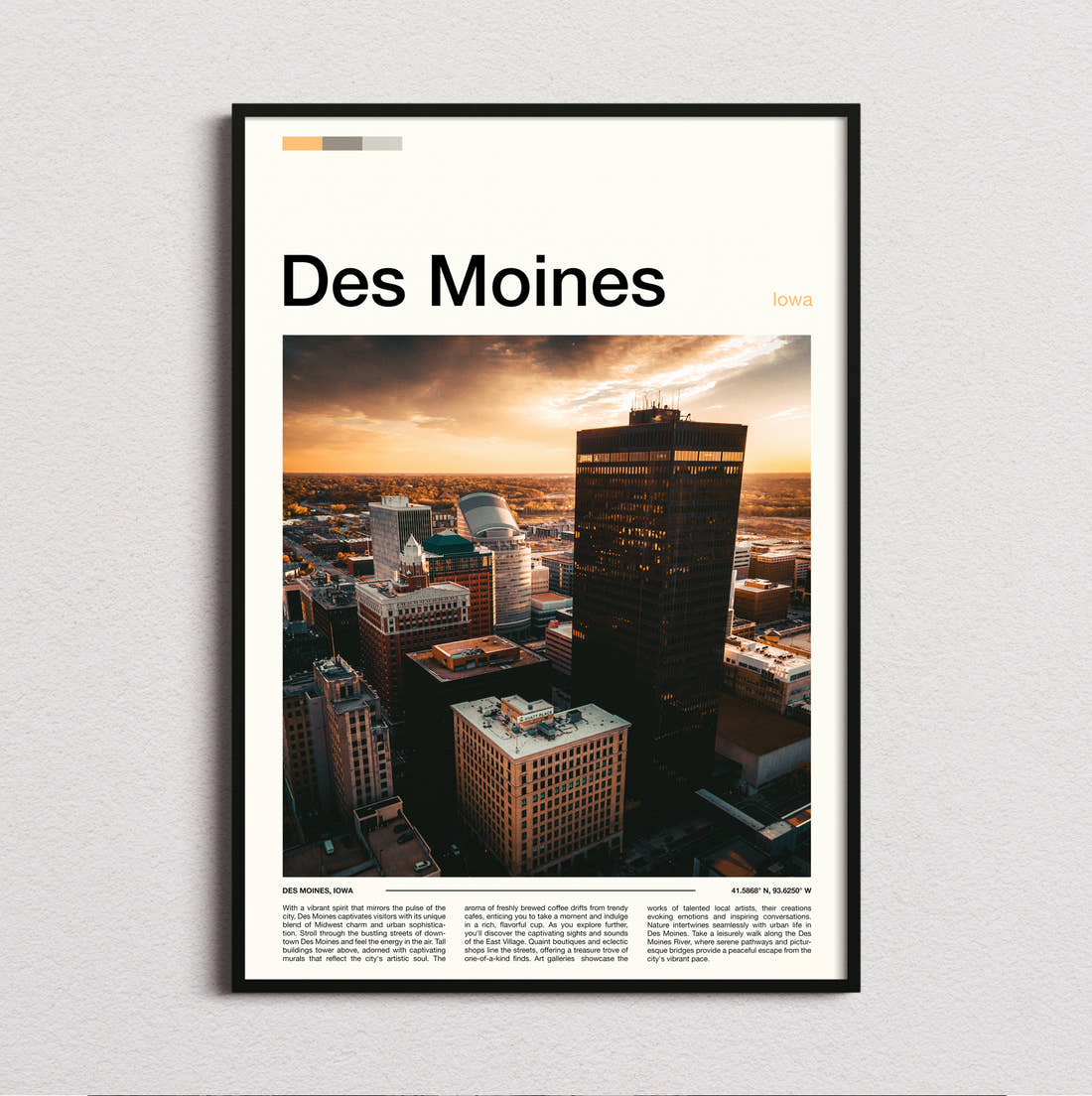 Des Moines Downtown At Golden Hour Travel Print framed and photographed straight on