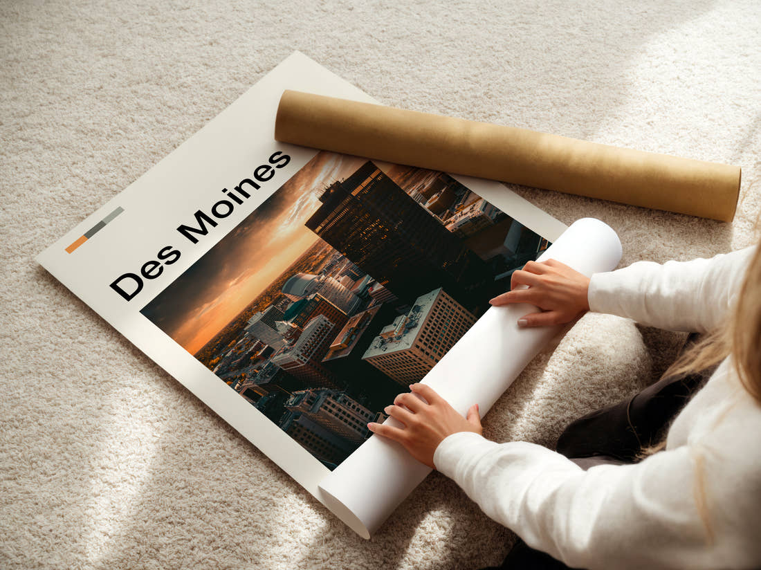 Des Moines Downtown At Golden Hour Travel Print being unrolled from its postal tube