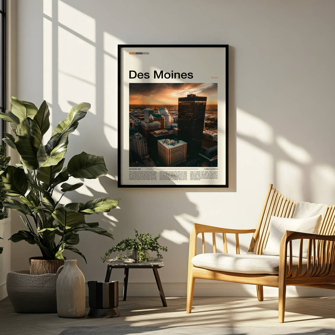 Des Moines Downtown At Golden Hour Travel Print framed on a pale wall beside houseplants