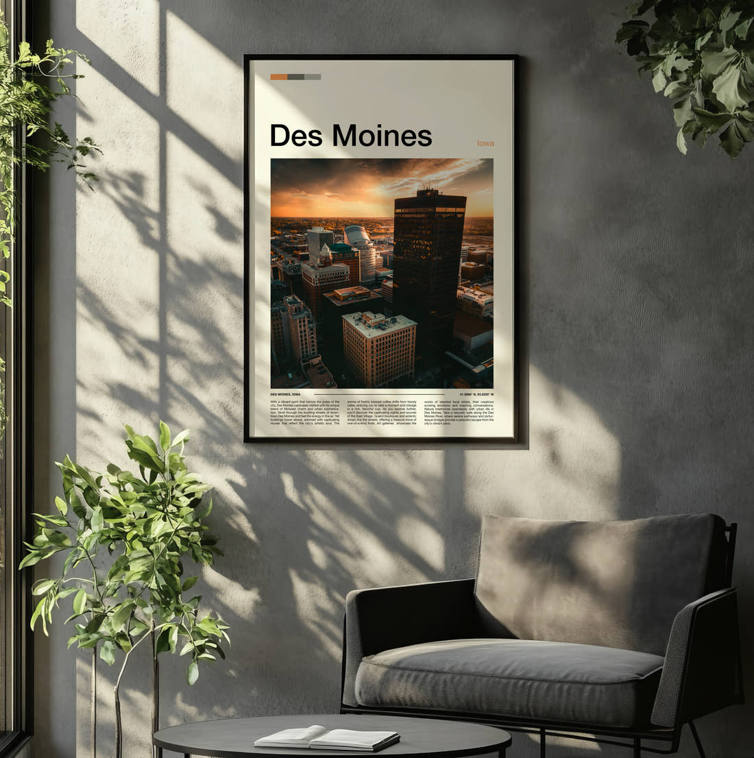 Des Moines Downtown At Golden Hour Travel Print framed on the wall of a relaxed living room