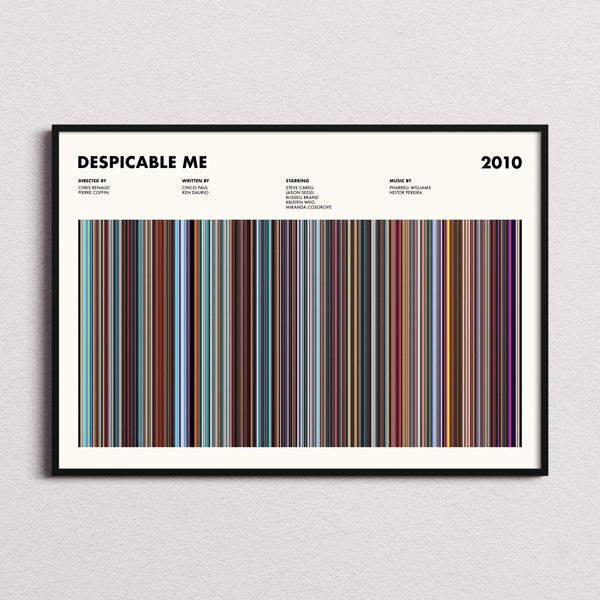 Despicable Me Movie Barcode Poster framed and photographed straight on