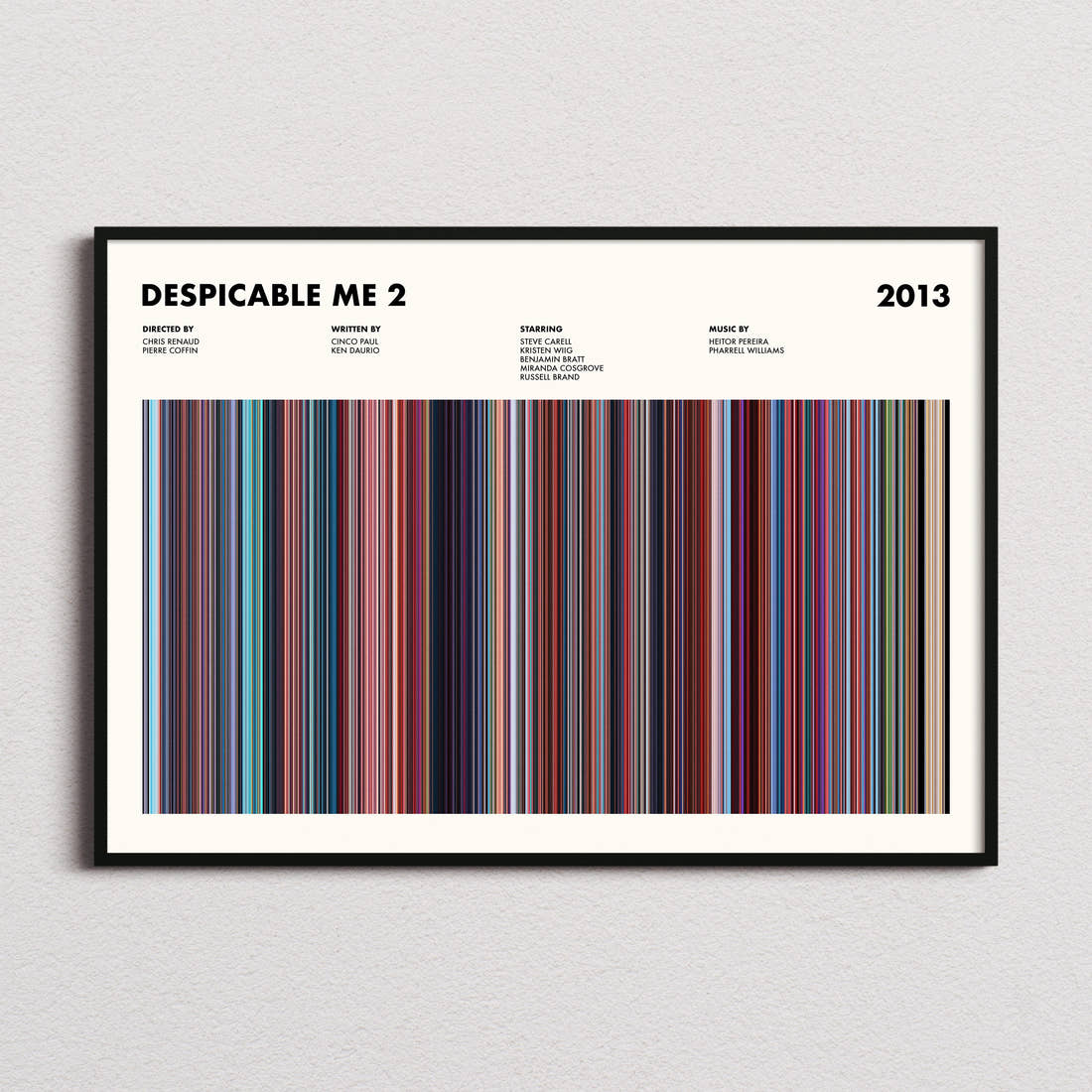 Despicable Me 2 Movie Barcode Poster framed and photographed straight on