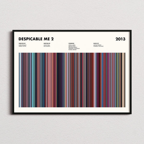 Despicable Me 2 Movie Barcode Poster framed and photographed straight on