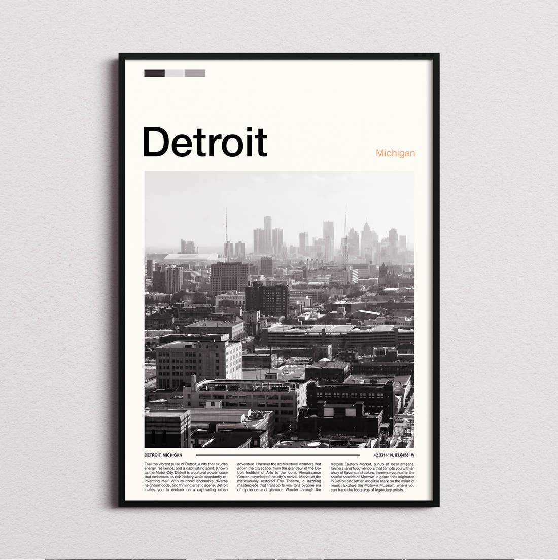 Detroit Black And White Cityscape Travel Print framed and photographed straight on