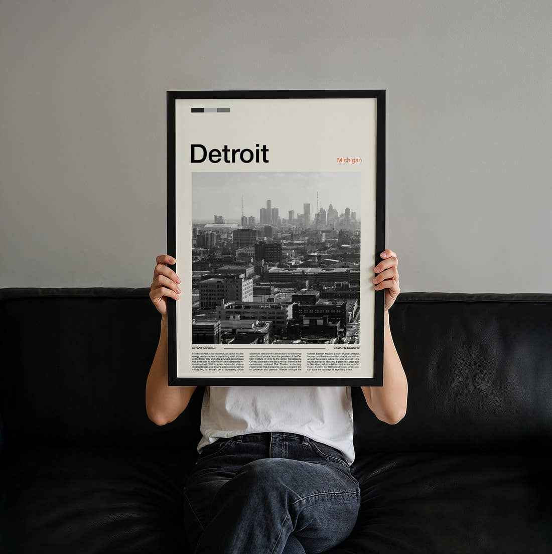 Detroit Black And White Cityscape Travel Print held up by hand to show the size of the print