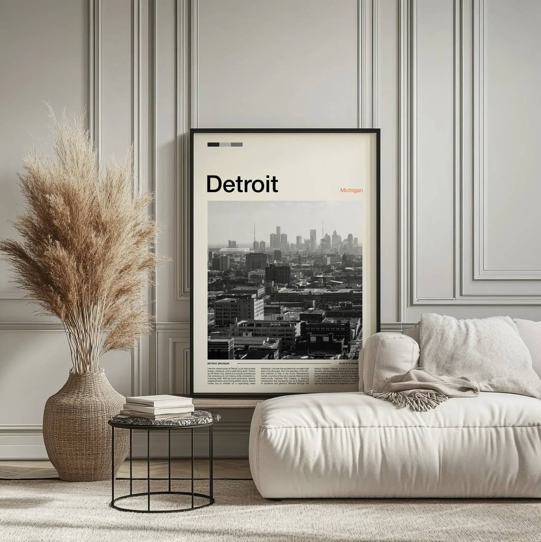 Detroit Black And White Cityscape Travel Print framed on the wall of a calm, neutral bedroom