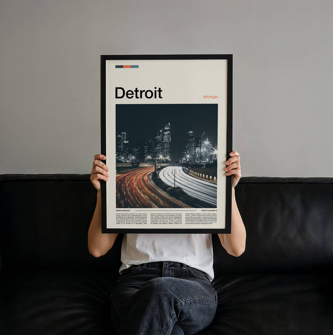 Detroit Motorway Light Trails Travel Print held up by hand to show the size of the print