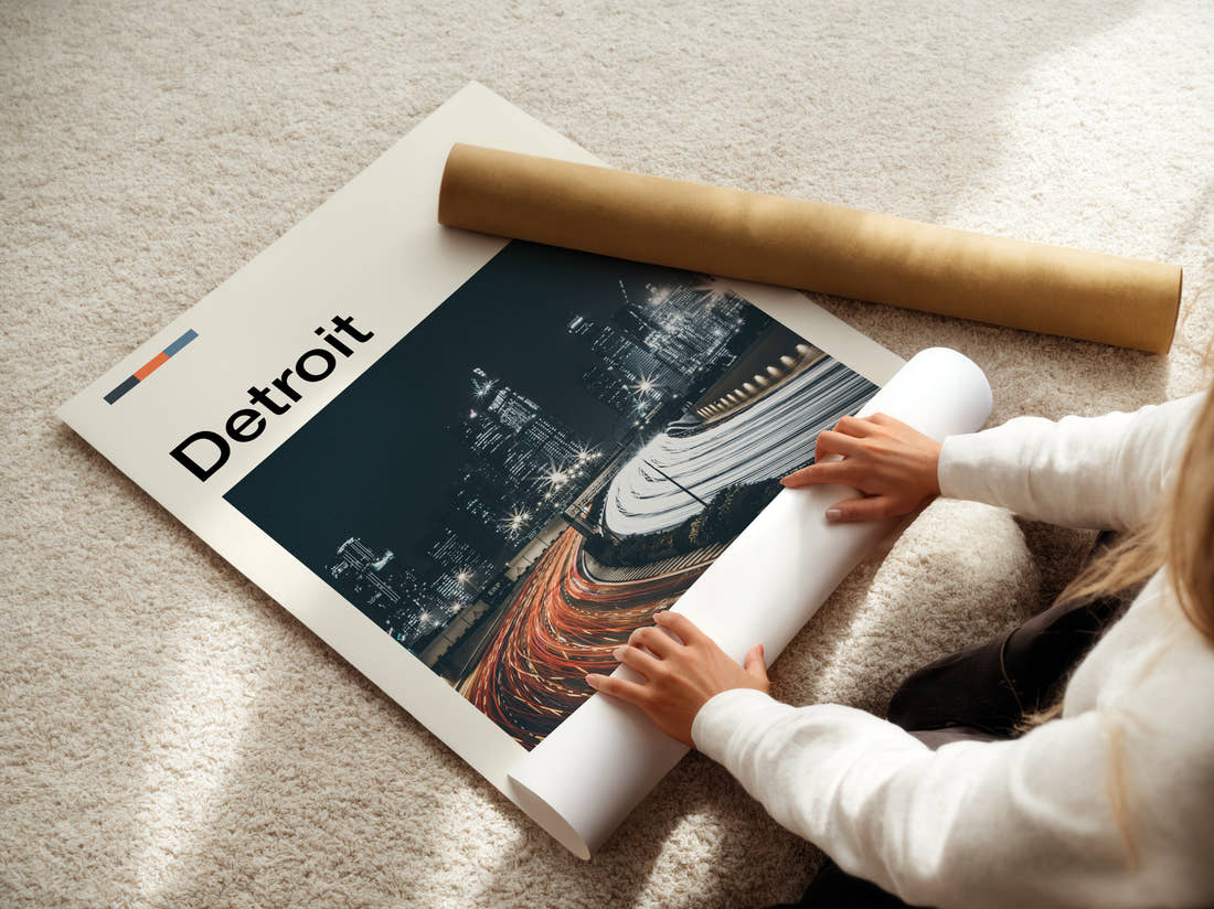 Detroit Motorway Light Trails Travel Print being unrolled from its postal tube