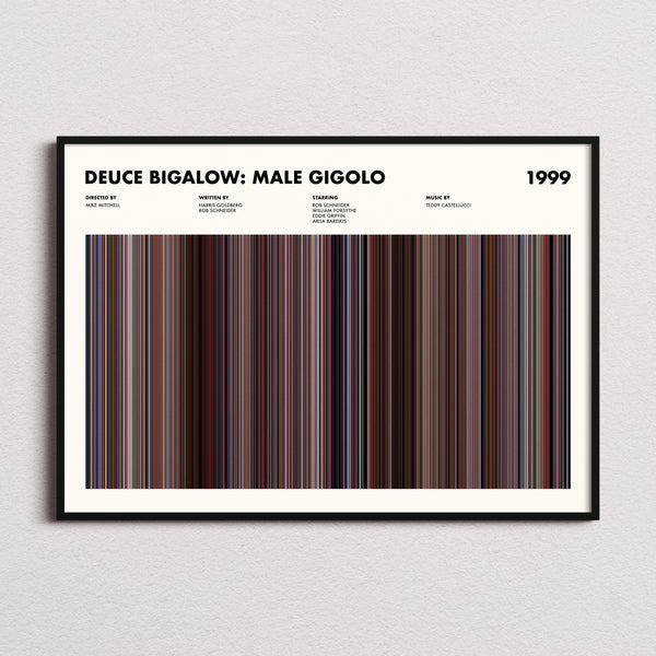 Deuce Bigalow: Male Gigolo Movie Barcode Poster framed and photographed straight on