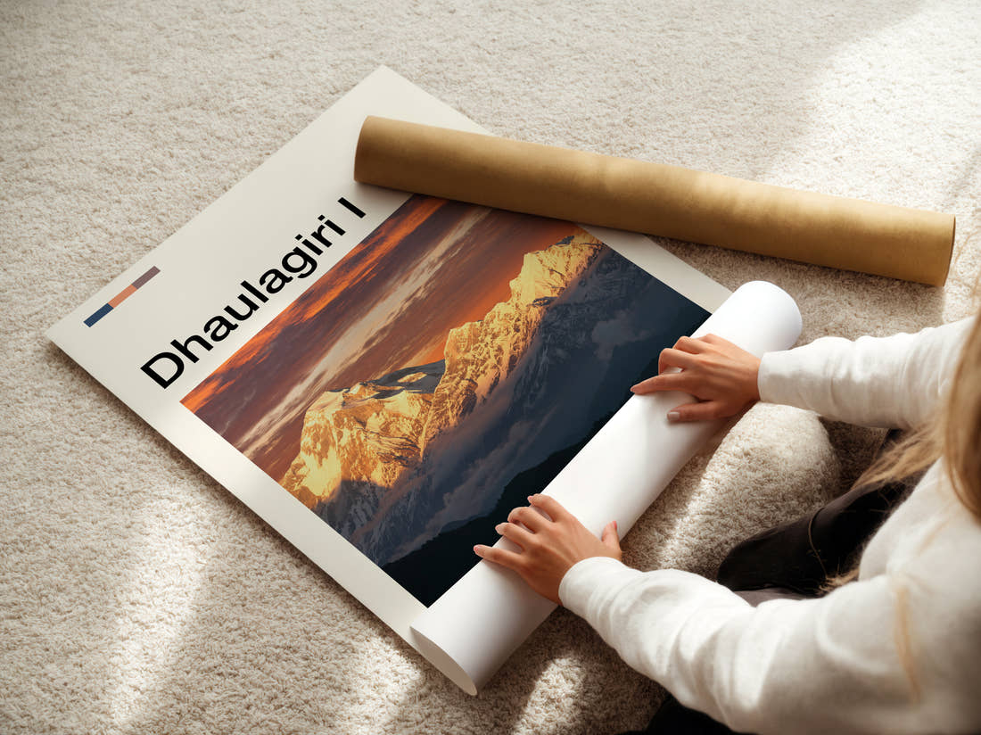 Dhaulagiri Travel Print being unrolled from its postal tube