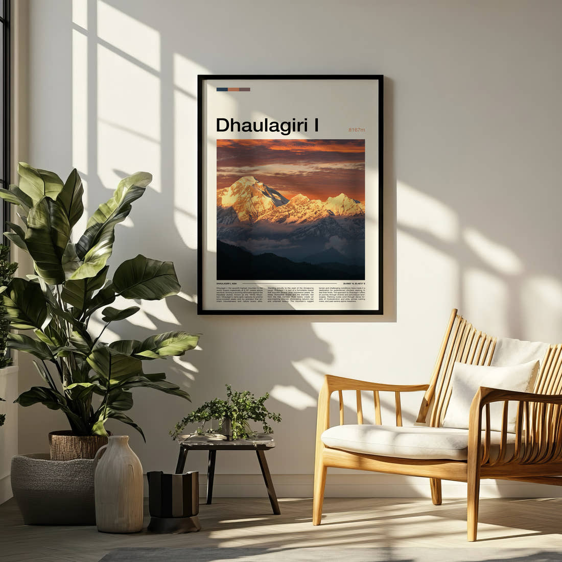 Dhaulagiri Travel Print framed on a pale wall beside houseplants