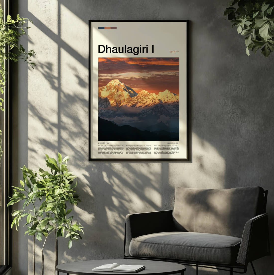 Dhaulagiri Travel Print framed on the wall of a relaxed living room