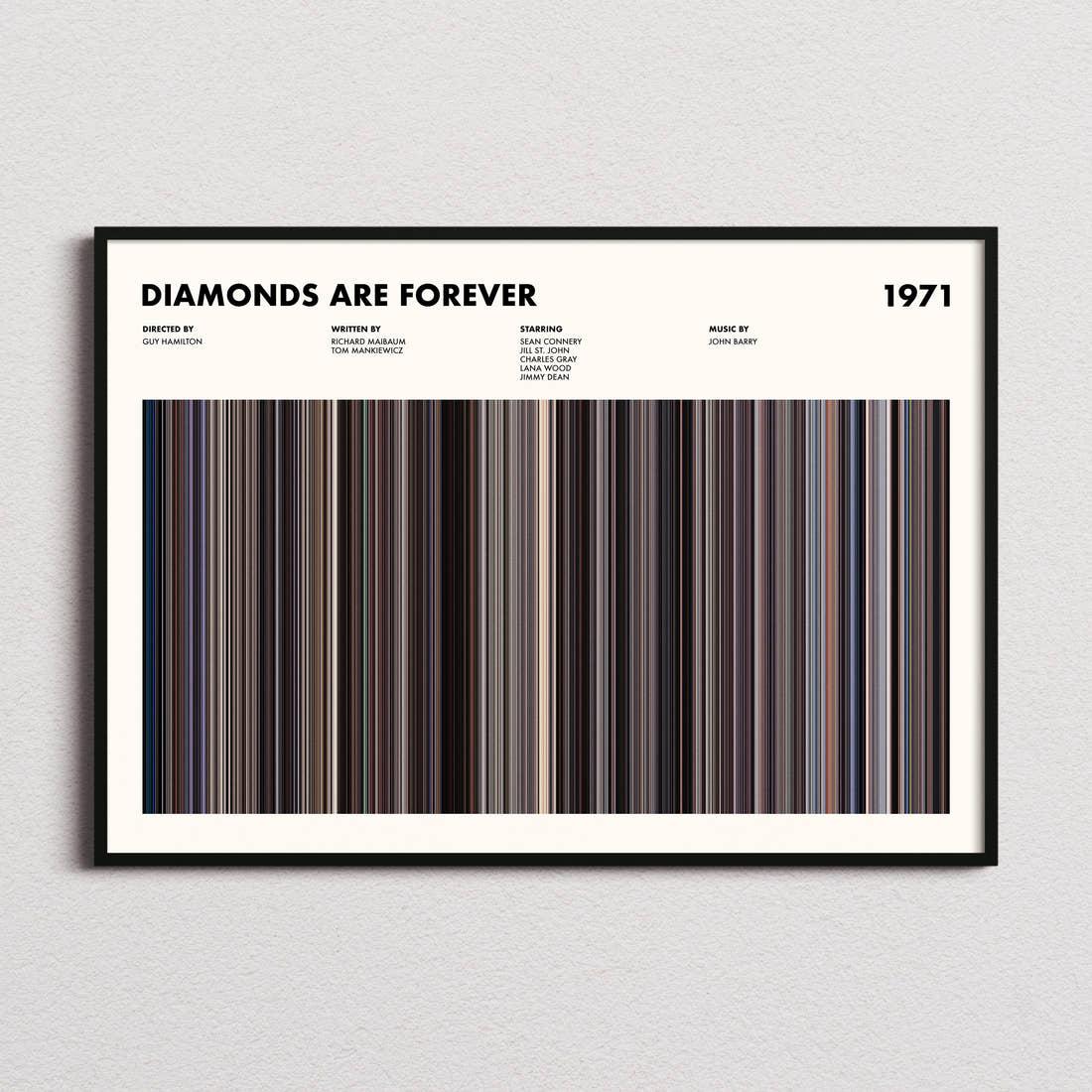 Diamonds Are Forever Movie Barcode Poster framed and photographed straight on
