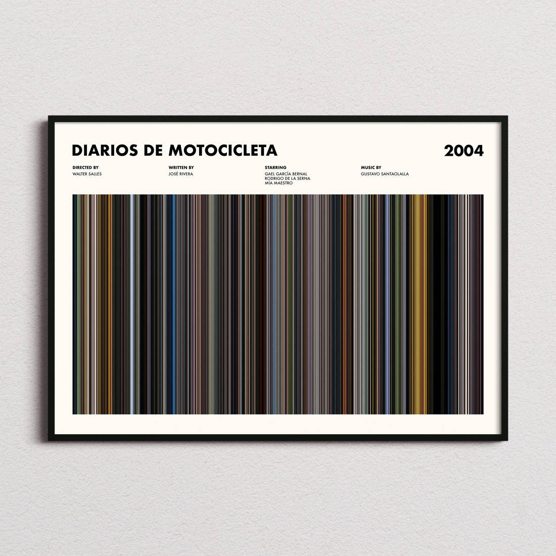Diarios de Motocicleta Movie Barcode Poster framed and photographed straight on