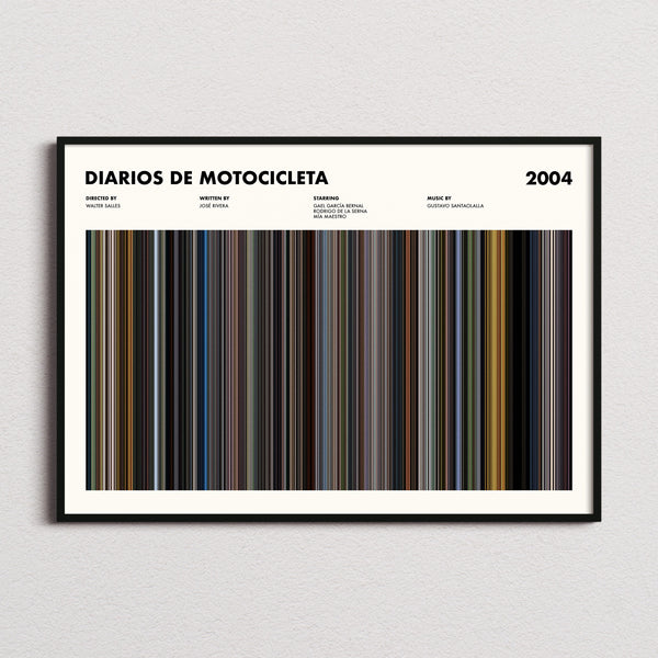 Diarios de Motocicleta Movie Barcode Poster framed and photographed straight on