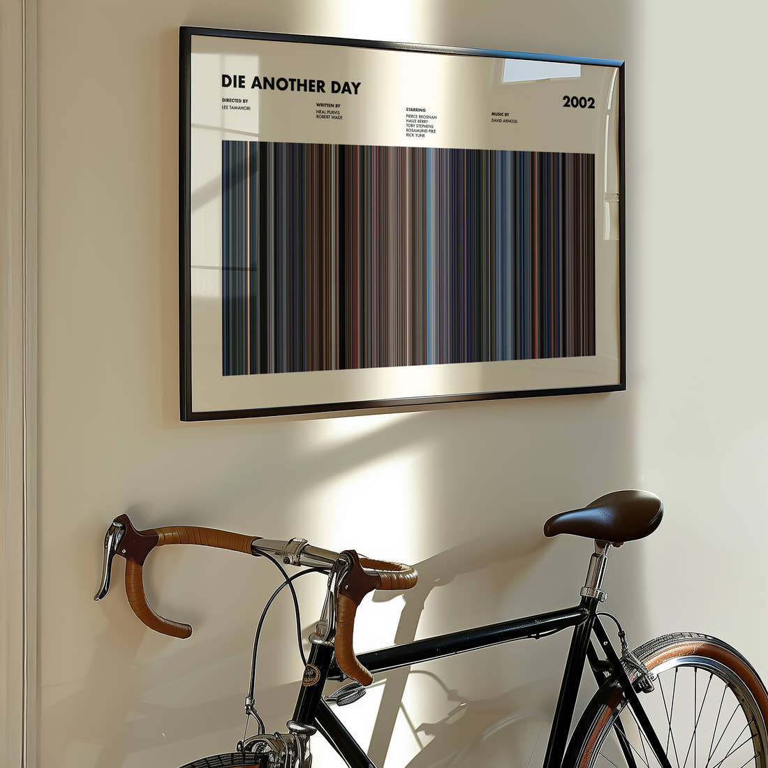 Die Another Day Movie Barcode Poster framed on the wall of a styled room setting