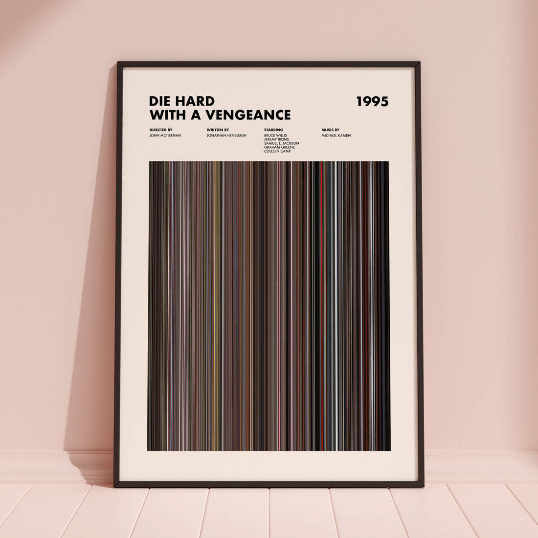 Die Hard with a Vengeance Movie Barcode Poster framed and leaning against a coloured wall