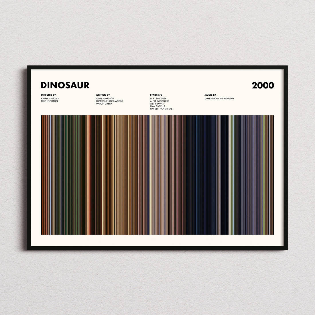 Dinosaur Movie Barcode Poster framed and photographed straight on