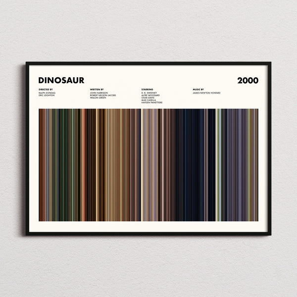 Dinosaur Movie Barcode Poster framed and photographed straight on