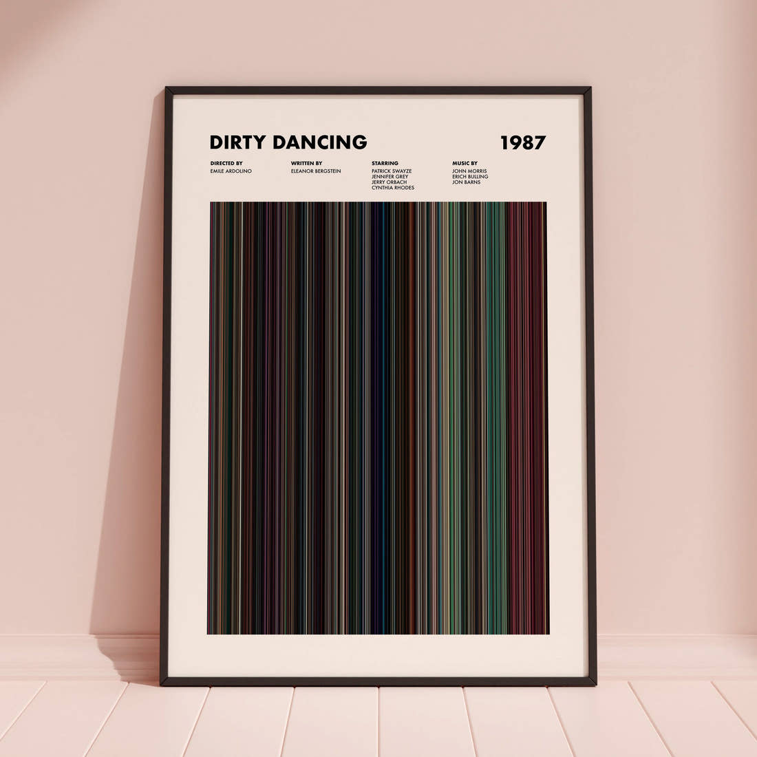 Dirty Dancing Movie Barcode Poster framed and leaning against a coloured wall