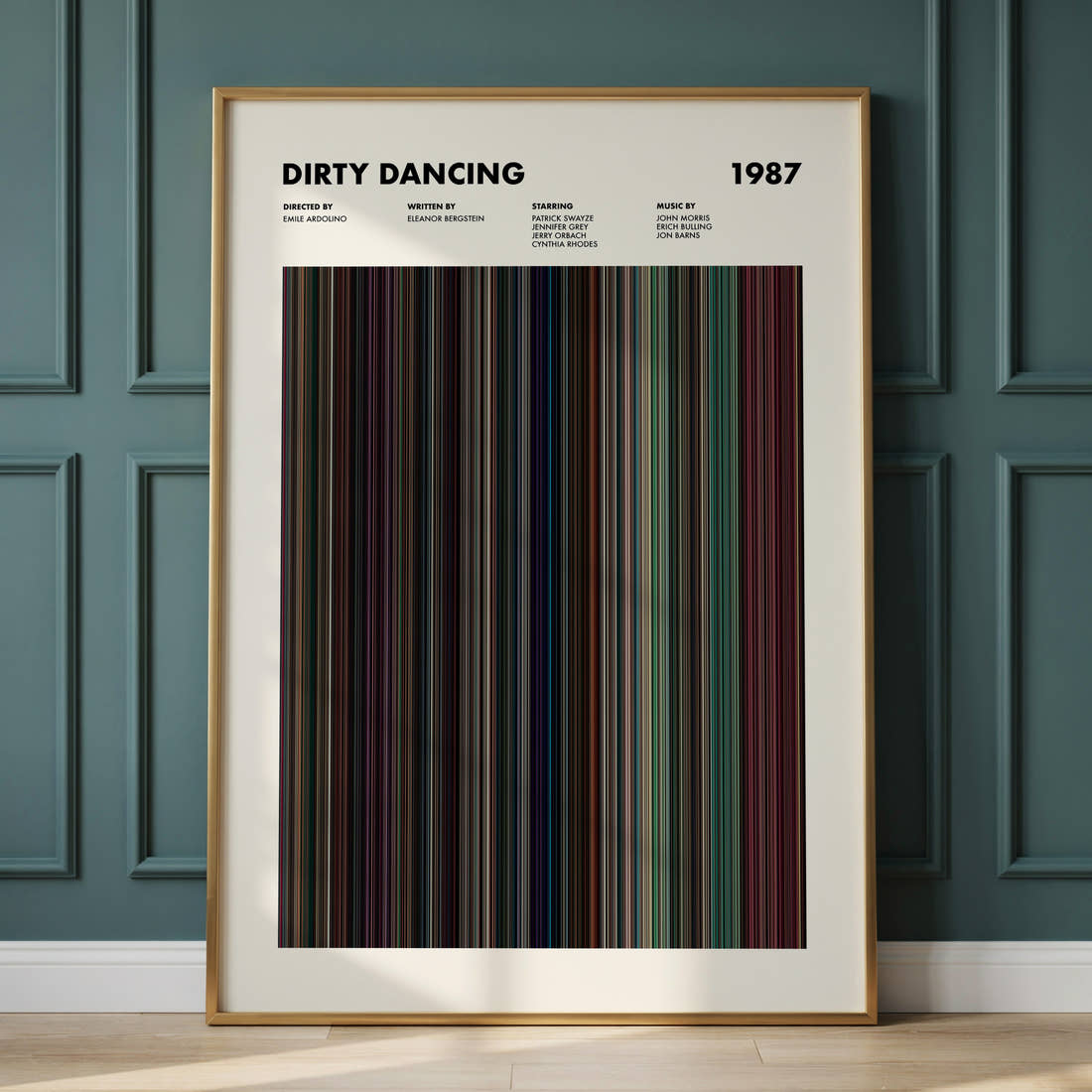 Dirty Dancing Movie Barcode Poster framed and leaning against a panelled wall