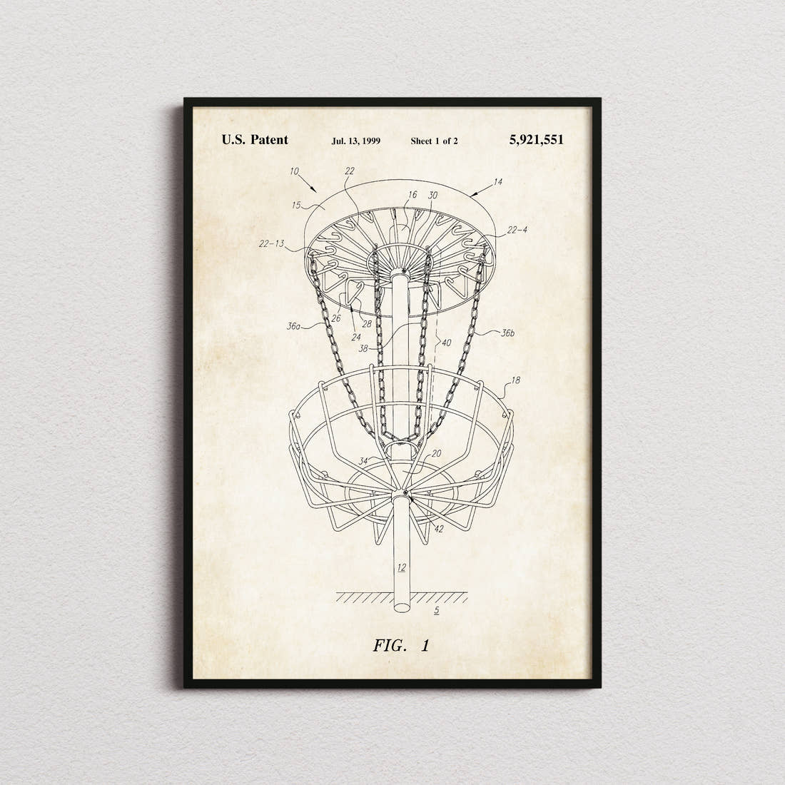 Disc Golf Target Patent Print in the aged paper colourway, framed