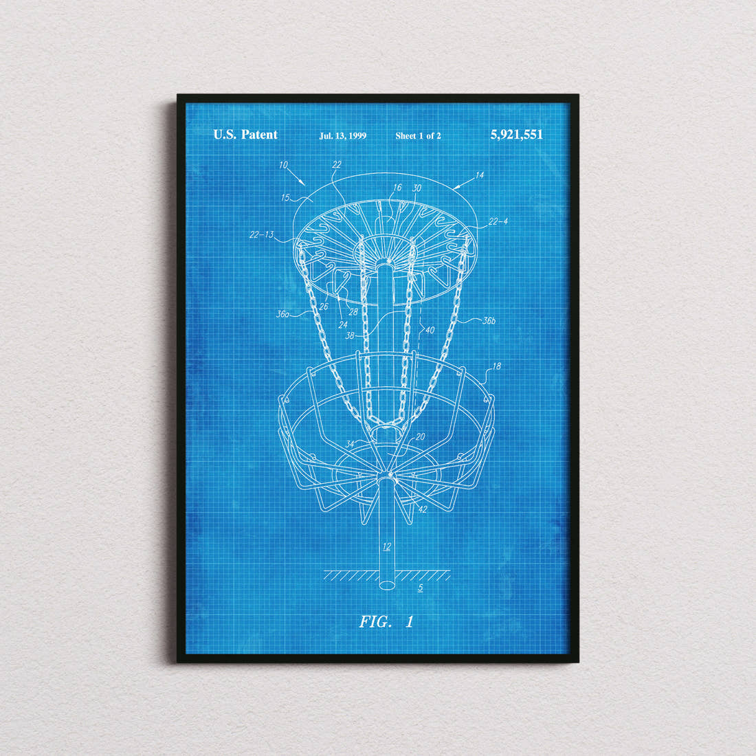 Disc Golf Target Patent Print in the blueprint colourway, framed