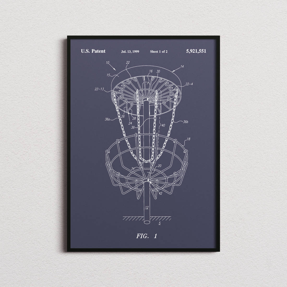 Disc Golf Target Patent Print in the navy colourway, framed