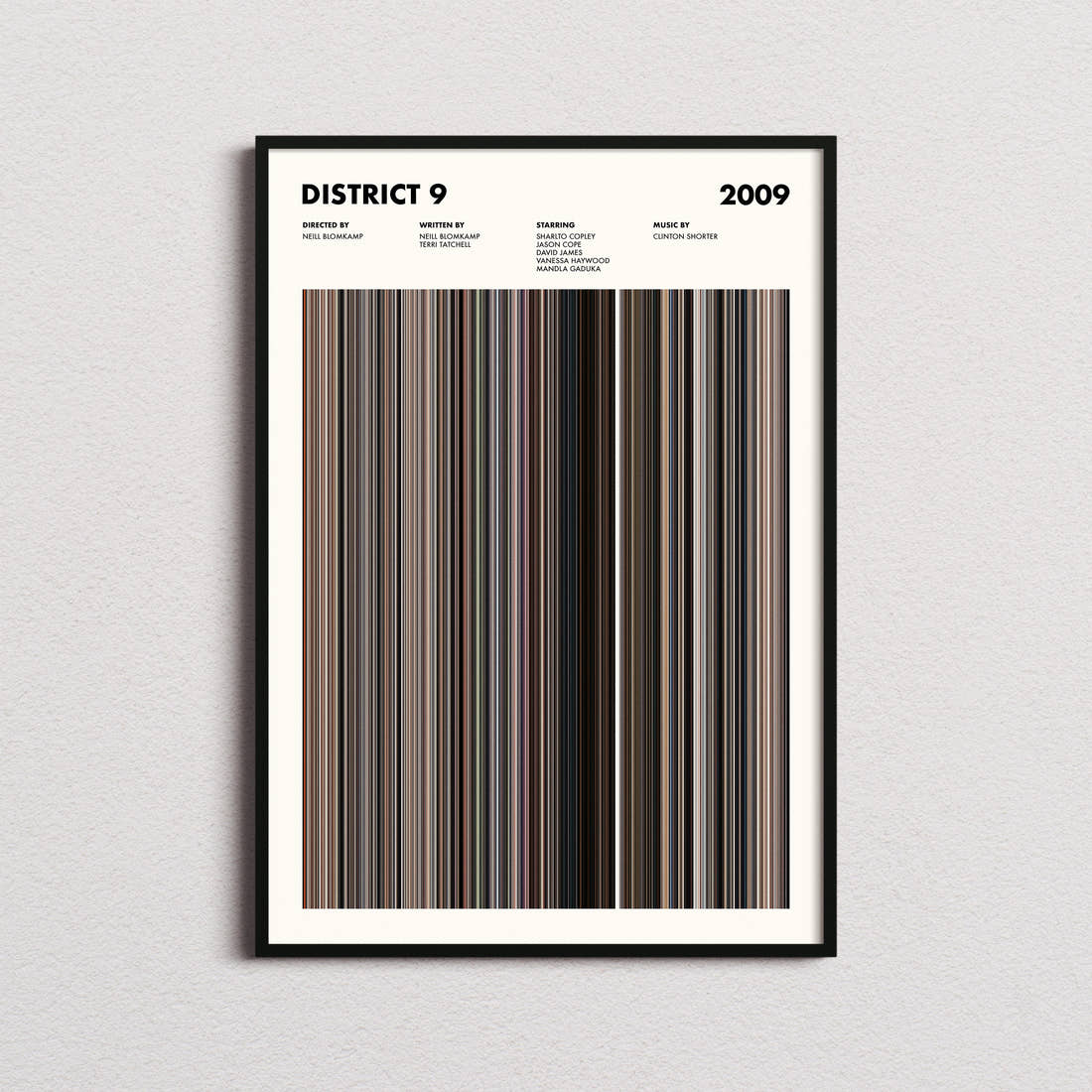 District 9 Movie Barcode Poster framed on a plain studio wall