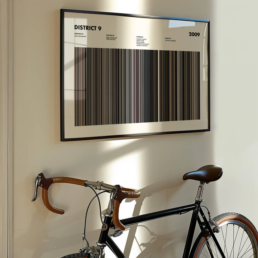 District 9 Movie Barcode Poster framed on the wall of a styled room setting