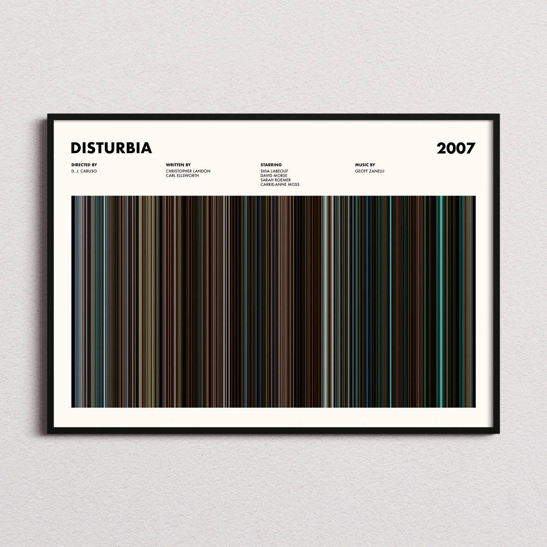 Disturbia Movie Barcode Poster framed and photographed straight on