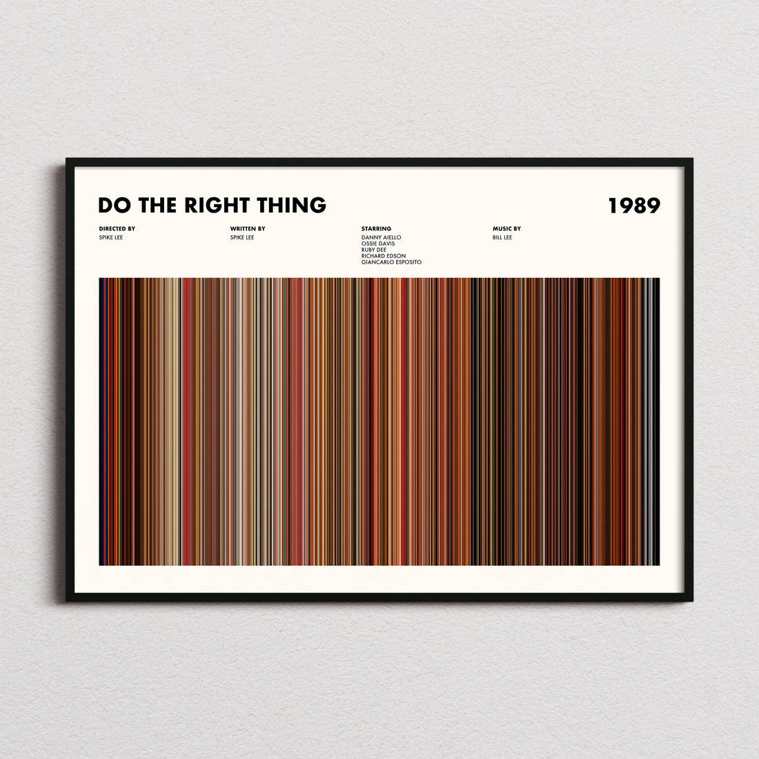 Do The Right Thing Movie Barcode Poster framed and photographed straight on