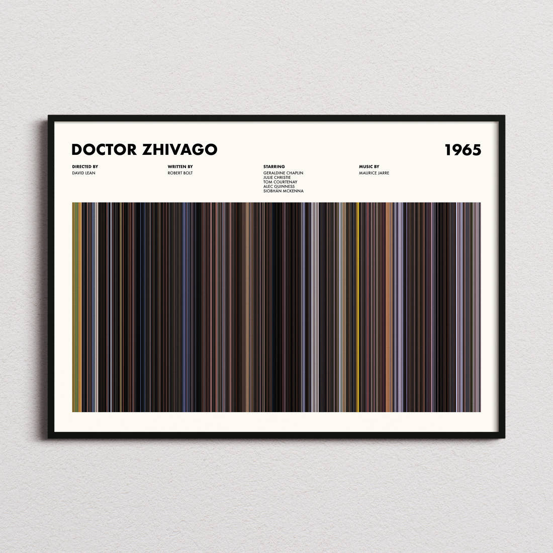Doctor Zhivago Movie Barcode Poster framed and photographed straight on