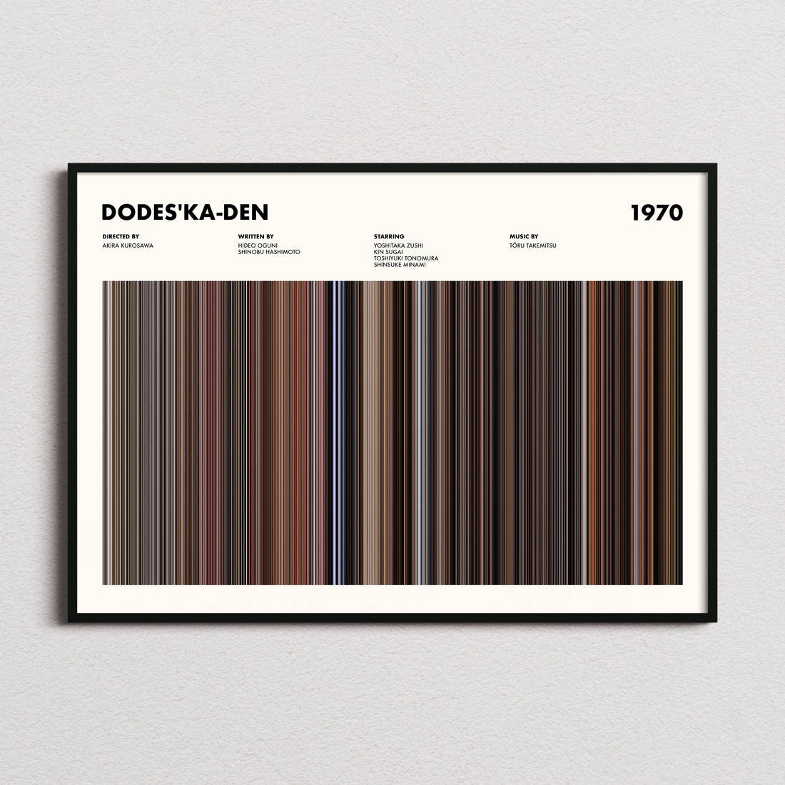 Dodes'ka-den Movie Barcode Poster framed and photographed straight on
