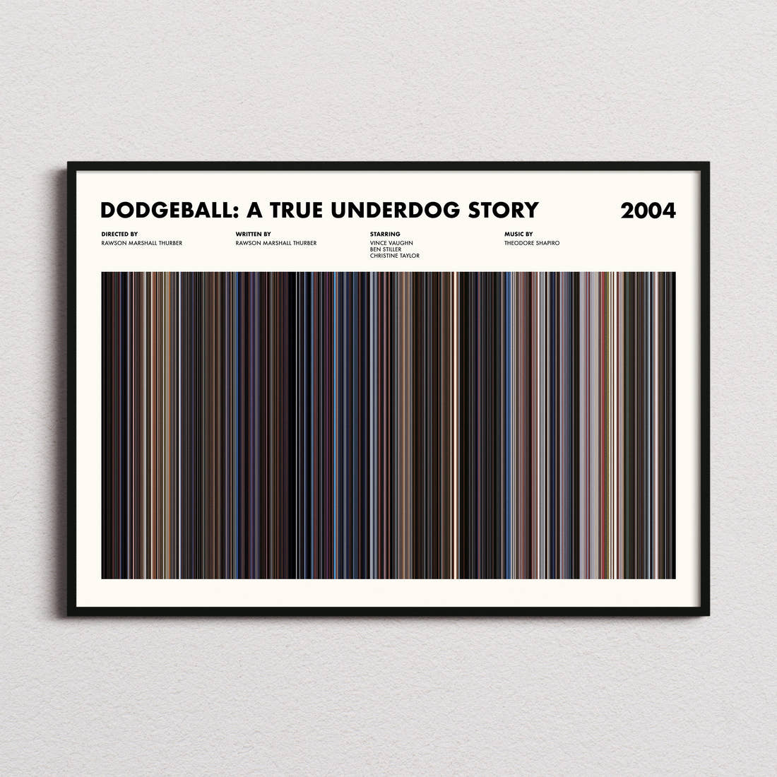 Dodgeball: A True Underdog Story Movie Barcode Poster framed and photographed straight on