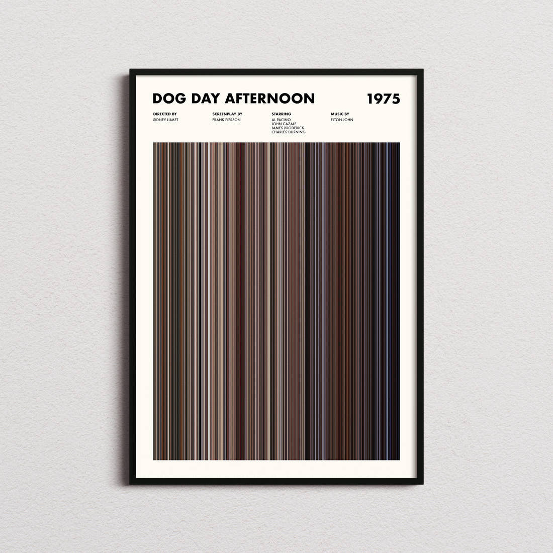 Dog Day Afternoon Movie Barcode Poster framed on a plain studio wall