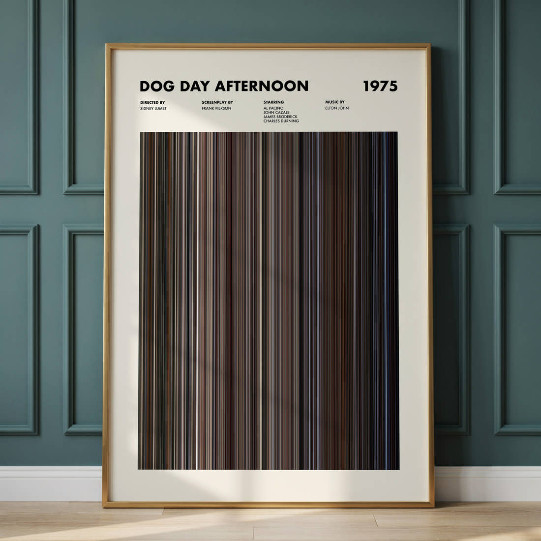 Dog Day Afternoon Movie Barcode Poster framed and leaning against a panelled wall