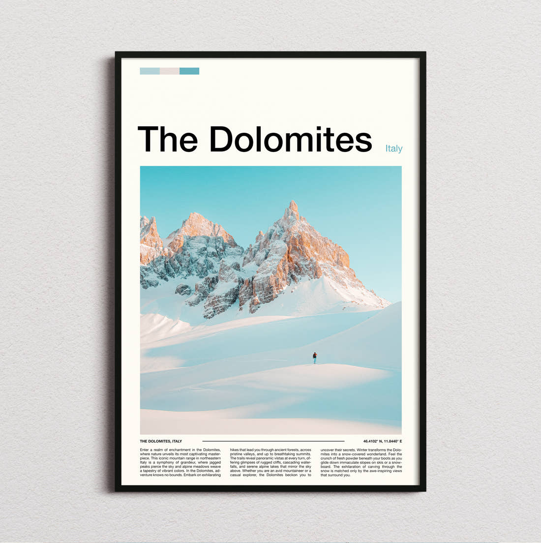 Dolomites Snowy Jagged Peaks Travel Print framed and photographed straight on