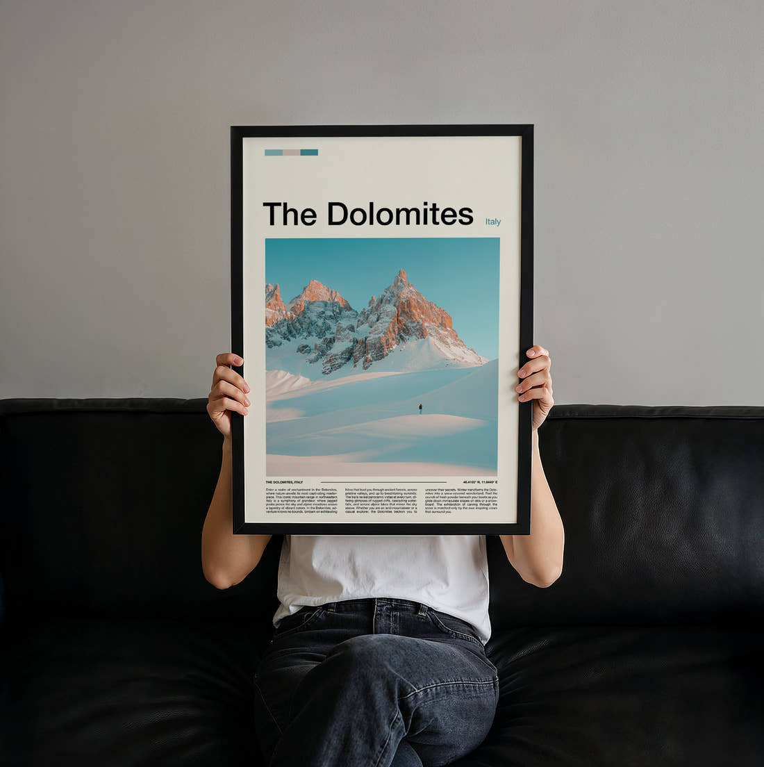 Dolomites Snowy Jagged Peaks Travel Print held up by hand to show the size of the print