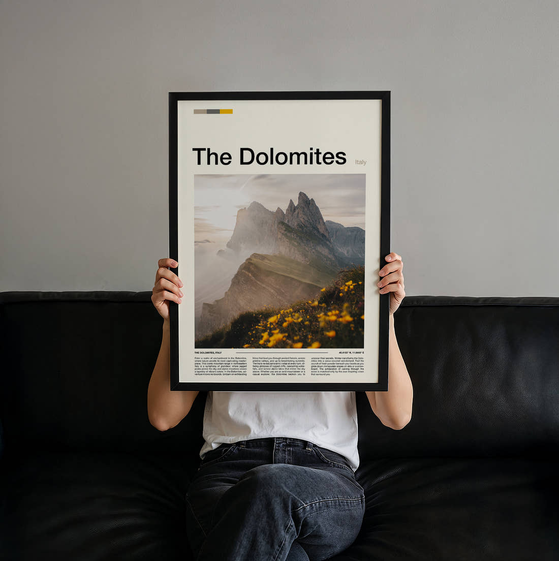 Dolomites Seceda Ridge Travel Print held up by hand to show the size of the print
