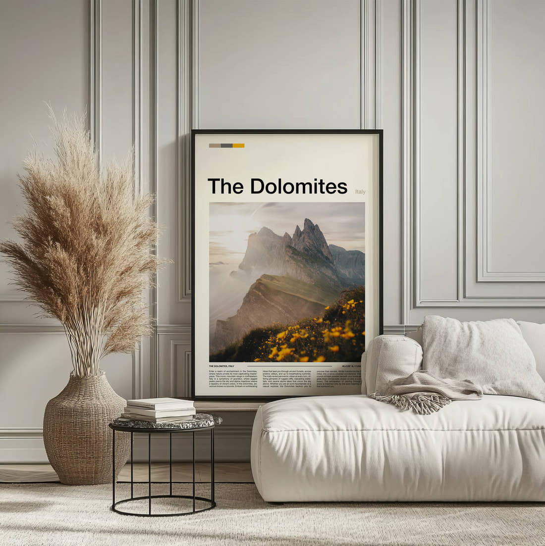 Dolomites Seceda Ridge Travel Print framed on the wall of a calm, neutral bedroom