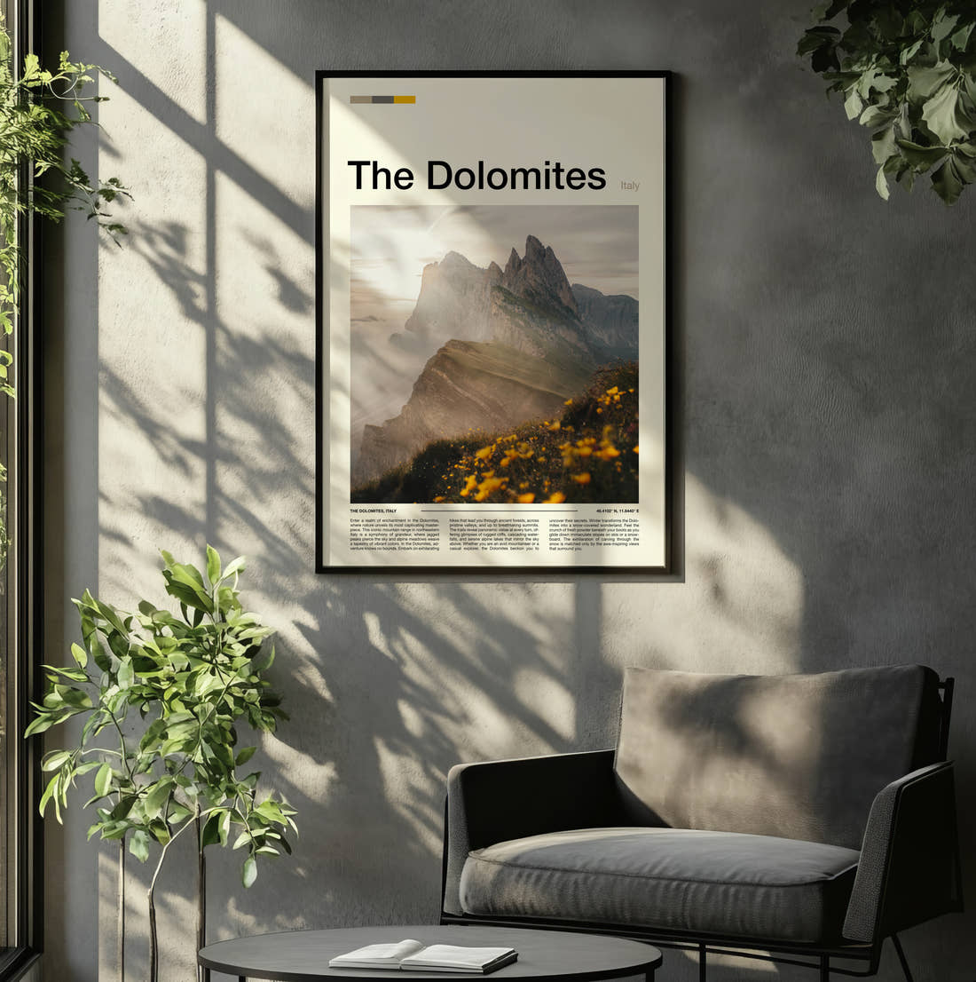Dolomites Seceda Ridge Travel Print framed on the wall of a relaxed living room