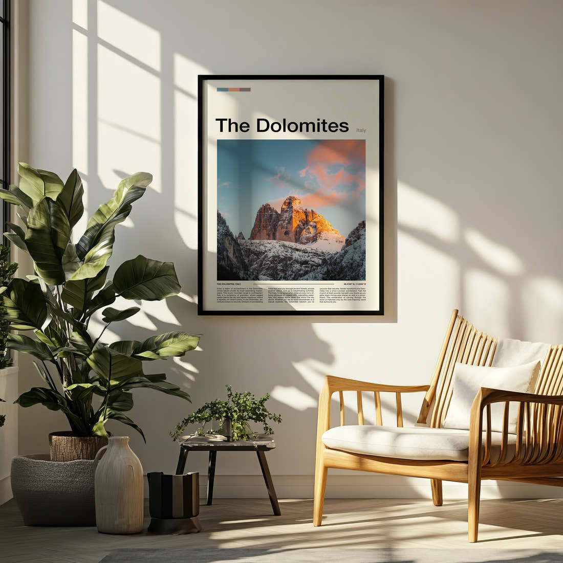 Dolomites Tre Cime Di Lavaredo Travel Print framed on a pale wall beside houseplants
