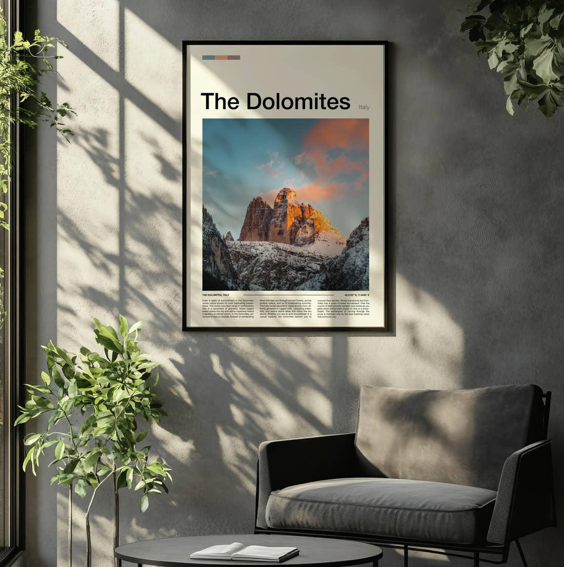 Dolomites Tre Cime Di Lavaredo Travel Print framed on the wall of a relaxed living room