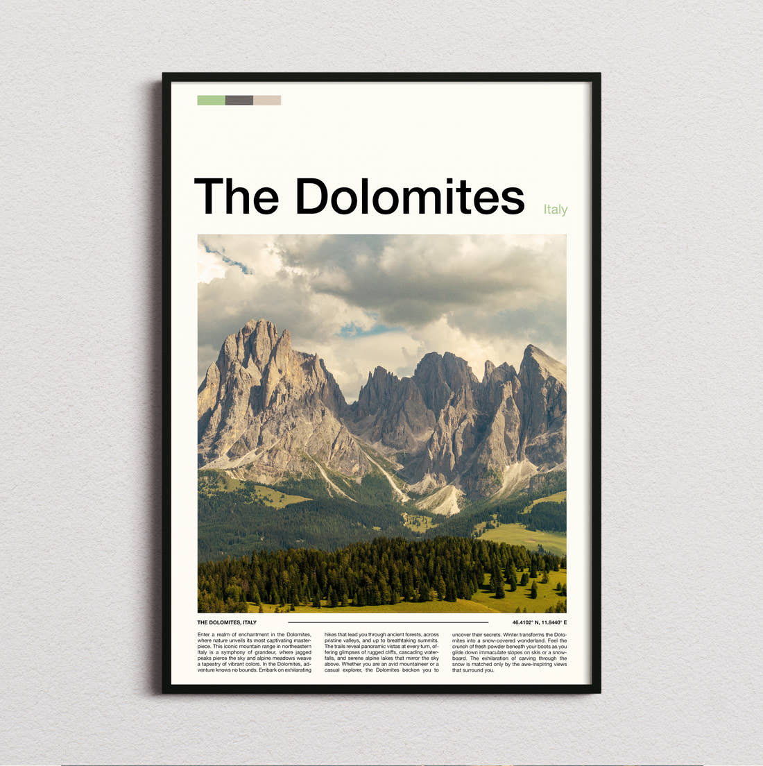 Dolomites Jagged Peaks Over Forest Travel Print framed and photographed straight on