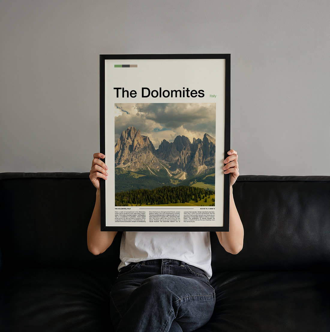 Dolomites Jagged Peaks Over Forest Travel Print held up by hand to show the size of the print