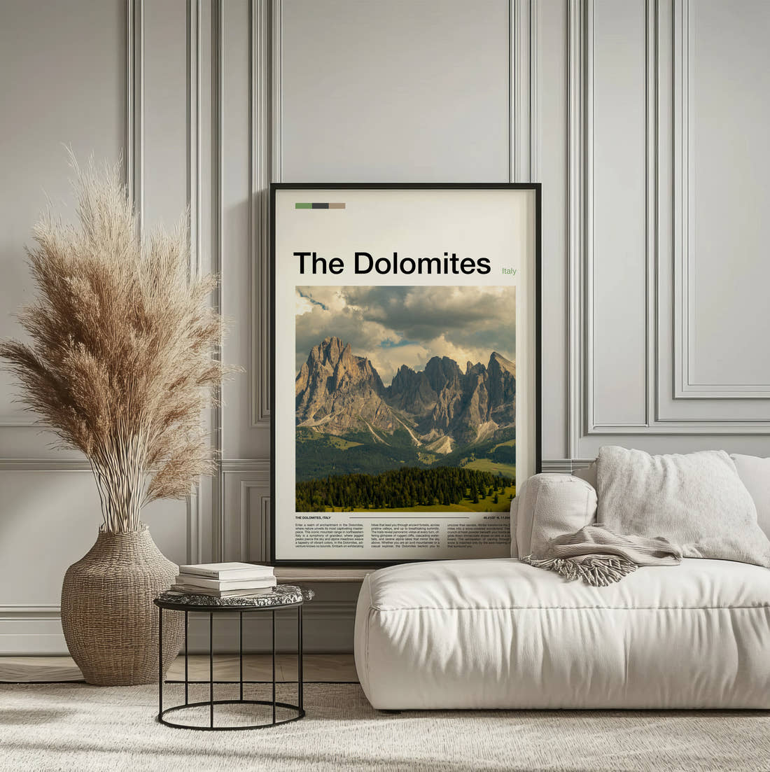 Dolomites Jagged Peaks Over Forest Travel Print framed on the wall of a calm, neutral bedroom